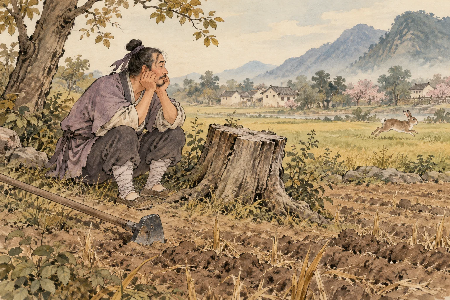 Nông dân ngồi bên gốc cây, thỏ chạy xa ngoài ruộng.