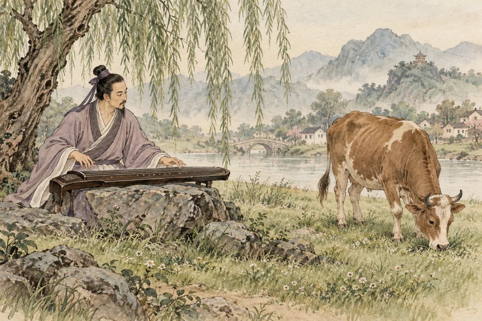 Nhạc công chơi đàn cổ cầm trước con bò đang ăn cỏ.