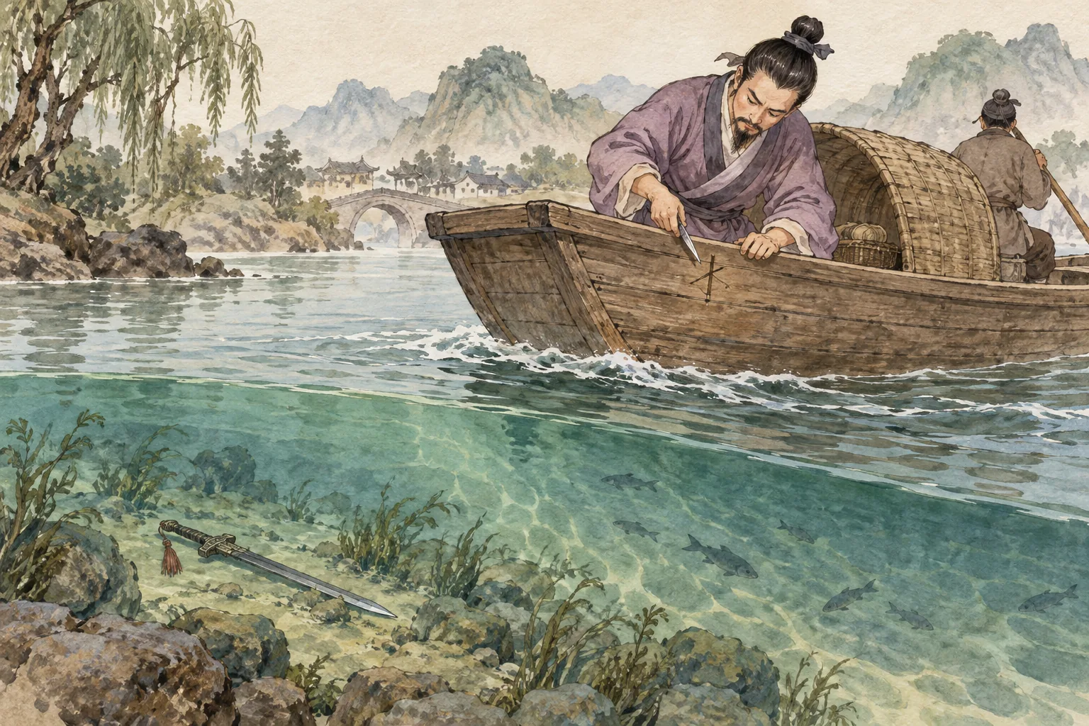 Người ngồi thuyền đánh dấu mạn thuyền, kiếm chìm dưới sông.