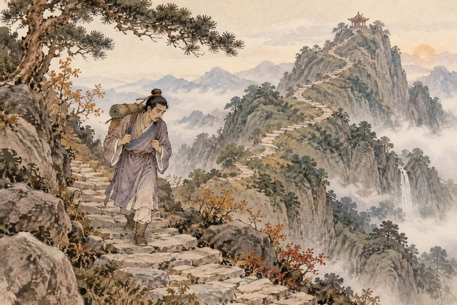 Người lữ hành quay lại giữa con đường lên núi.