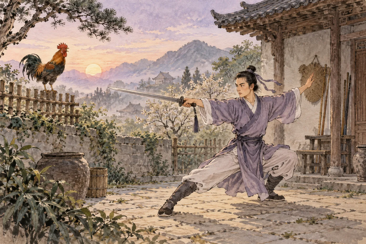 Người luyện kiếm lúc bình minh, gà trống gáy bên hàng rào.